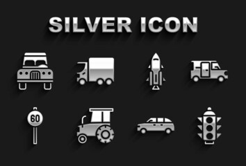 Poster - Set Tractor, Minibus, Traffic light, Hatchback car, Speed limit traffic, Rocket ship with fire, Car and Delivery cargo truck icon. Vector