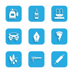 Poster - Set Pope hat, Pasta spaghetti, Rolling pin, Slice of pizza, Olives branch, Car, Fountain and Perfume icon. Vector