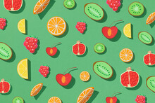 Mix of different fruits and berries isolated on green background