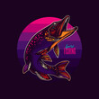 Original vector illustration in vintage style. Pike fish on the background of a sunset in the style of the 80s. T-shirt design, stickers, print.