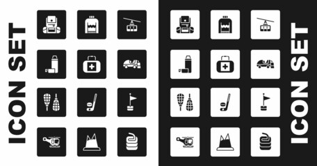 Wall Mural - Set Cable car, First aid kit, Thermos container, Hiking backpack, Ice resurfacer, Christmas sweater, Location marker and Snowshoes icon. Vector