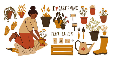 Collection of clipart with Hand drawn young black girl plants flowers in pots. Cute african woman transplants plants, doing gardening, preparation to spring. Vector Home hobby, relaxation concept