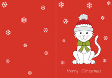 Two Sided Merry Christmas Greeting Card With Marked Fold Line, Happy Holidays Winter Scene With Falling Snow And Cute Cat In Winter Outfit. Red Background. 10 X 7 Inch, 5 X 7 Inch Folded