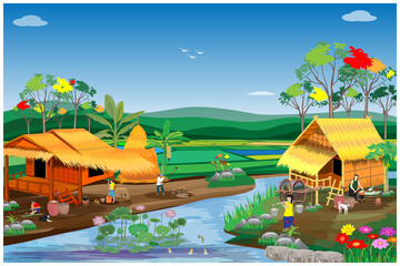 lifestyle of people at two sides of the canal  vector design