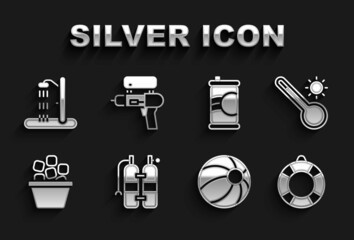 Poster - Set Aqualung, Meteorology thermometer, Lifebuoy, Beach ball, Ice bucket, Soda can, shower and Water gun icon. Vector