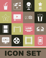 Canvas Print - Set Buy cinema ticket online, 3D glasses, Popcorn cardboard box, Director movie chair, Online play video, Walk of fame star, Paper with water and Movie, film, media projector icon. Vector