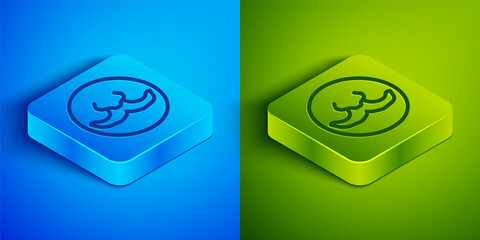 Sticker - Isometric line Mustache icon isolated on blue and green background. Barbershop symbol. Facial hair style. Square button. Vector