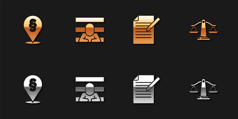 Sticker - Set Location law, Prisoner, Document and pen and Scales of justice icon. Vector