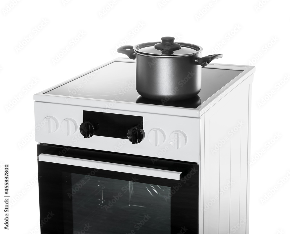 Modern electric oven with cooking pot on white background