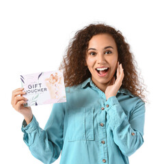 Poster - Surprised young woman with gift voucher for massage on white background