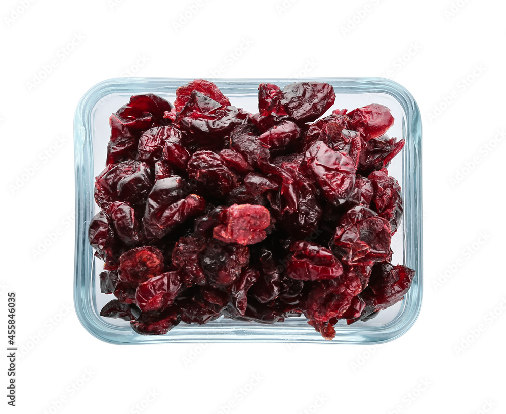 Bowl with tasty dried cranberries on white background