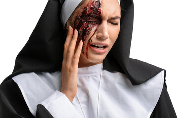 Woman dressed for Halloween as nun with scars on her face against white background