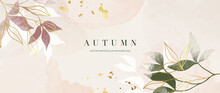 Autumn Background Design  With Watercolor Brush Texture, Flower And Botanical Leaves Watercolor Hand Drawing. Abstract Art Wallpaper Design For Wall Arts, Wedding And VIP Invite Card.  Vector EPS10