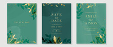 Green Luxury Wedding Invitation Card Background  With Golden Line Art Flower And Botanical Leaves, Organic Shapes, Watercolor. Abstract Art Background Vector Design For Wedding And Vip Cover Template.