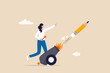 Launch new creativity idea, boost inspiration and challenge, start writing blog, storytelling or create brand concept, motivated creative woman launch new idea by shooting pencil cannon into the sky.