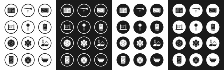 Sticker - Set Computer monitor with cardiogram, Magnifying glass, Pendulum, Open book, Clipboard document, Telescope, Test tube and flask chemical laboratory and Bacteria icon. Vector