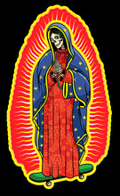 Virgin Of Guadalupe On A Skateboard. The Virgin Skeleton Mary Vector Poster Illustration.