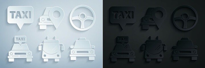 Poster - Set Trolleybus, Steering wheel, Taxi car, Map pointer with taxi and icon. Vector