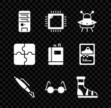 Set Computer, Processor With CPU, UFO Flying Spaceship, Fountain Pen Nib, Eyeglasses, Slippers Socks, Piece Of Puzzle And Book Icon. Vector