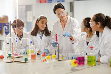 Wall Mural - female teacher and students conducting scientific experiment, watching liquid in test tube in labora