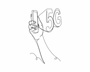 Continuous one line drawing of 5 G icon concept  in silhouette on a white background. Linear stylized.