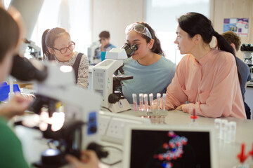 Wall Mural - female teacher and girl student conducting scientific experiment at microscope in laboratory classro
