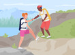 © The img - Couple mountaineering flat color vector illustration. Trekking adventure. Tourists on trip. Boyfriend helping girlfriend on active recreation 2D cartoon characters with landscape on background