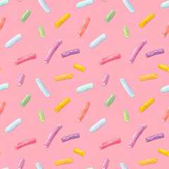 Wall Mural - Watercolor seamless pattern with many decorative sprinkles isolated on pink background.