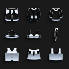 Wall Mural - Set Bra, Skirt, Undershirt, Umbrella, Waistcoat, Man hat, Sweater and Short or pants icon. Vector