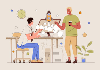 Innovative, technological entrepreneurship. Business and science cooperation. Creative transformation of idea into demanded technology or product. Vector flat cartoon illustration.