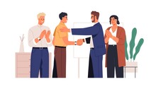 People Congratulating Colleague With Success At Work. Boss Handshaking Happy Employee With Respect, Business Team Applauding At Office Meeting. Flat Vector Illustration Isolated On White Background