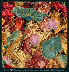 Wall Mural - Seamless pattern golden fish swiming with lotus leaves.