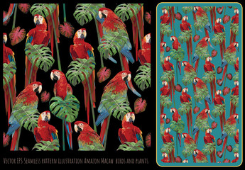 Wall Mural - Seamless patterns green winged macaw birds and tropical leaves.