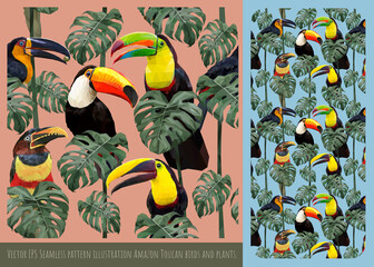 Wall Mural - Seamless pattern colorful toucan birds.