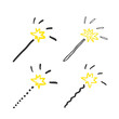 Set of creative magic wand stars or sparklers with bright yellow flash. Doodle sketch line style, hand drawing. Isolated object on a white background. Vector illustration