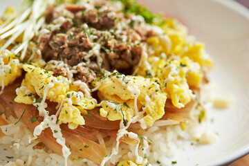 Sticker - fried rice with pork on a plate