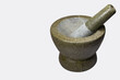 Stone mortar, photograph, 45 degree angle on white background