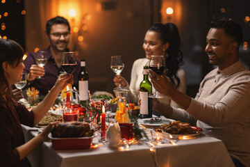 Wall Mural - holidays, party and celebration concept - multiethnic group of happy friends having christmas dinner at home and drinking wine