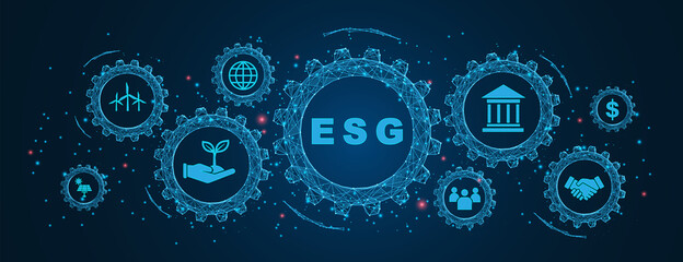 ESG banner web icon for business and organization, Environment, Social, Governance in Cogs and gear wheel mechanisms concept. wireframe low polygonal blue mesh with dots, lines, and shapes.