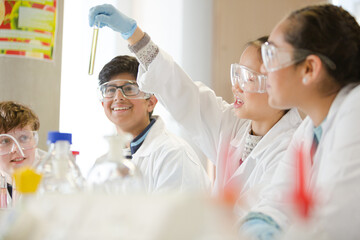Wall Mural - students conducting scientific experiment in laboratory classroom