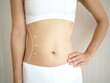Weight loss and slim body in woman and she showing her waistline curve, arrows and belly fit and firmming use for workout, fitness or diet and burn or detox on white background. 
