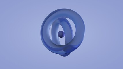 3d rendering of two glass rings and a sphere in space, on a blue background. Abstract composition of geometric shapes, the idea of balance and interaction, color harmony.