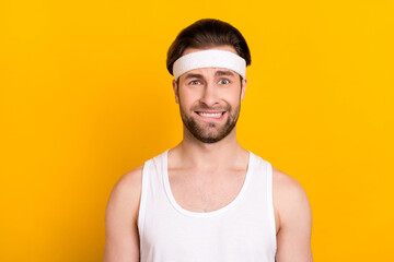 Poster - Portrait of attractive worried desperate guy sportsman biting lip expecting isolated over bright yellow color background