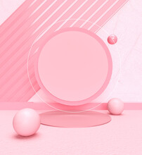Pink Background With Pink Circle And Balls. Monochrome 3d Render For Product Presentation