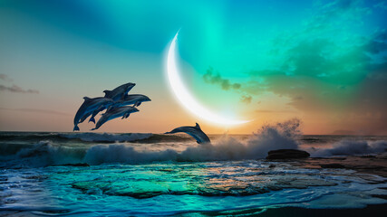 Wall Mural - Group of dolphins jumping up from the sea at sunset with crescent moon and aurora