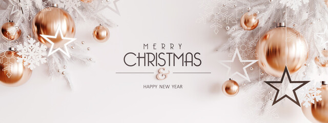 Christmas decoration with happy New Year text on white background 3D Rendering, 3D Illustration