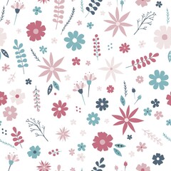Wall Mural - Cute seamless pattern with floral ornaments. Small flowers, leaves and berries on white background. Baby fabric. Vector design.
