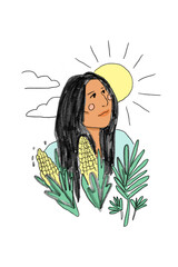 Wall Mural - Young Indigenous woman with corn and plants