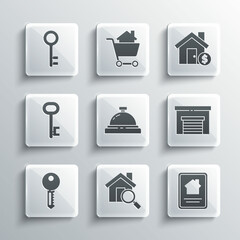 Sticker - Set Search house, Online real estate, Garage, Hotel service bell, House key, and with dollar symbol icon. Vector