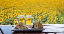 Beer, Breackfast For Two With Toast With Sunflower Field In The Background - Sandwich